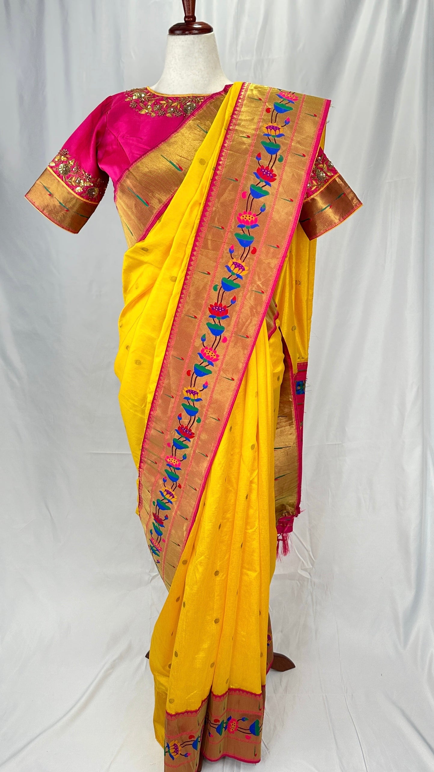 Paithani soft silk saree and embroidered blouse - Yellow and Pink