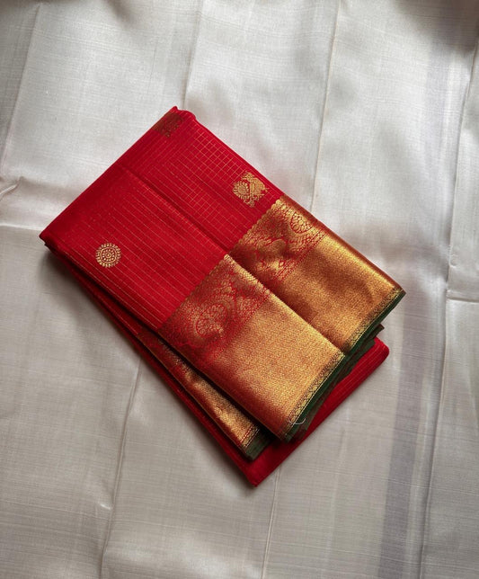 Ravi Kiranam Red Zari Kattam | Pure Silk Kanchipuram
Fiery Kumkum-Red • zari  Checks & Zari Buttas
Grand Gold Zari Border • Brocade Pallu with Ornamental Medallions
Silk Mark Certified • Free Shipping within USA
Ships in Two Weeks | Blouse Stitc