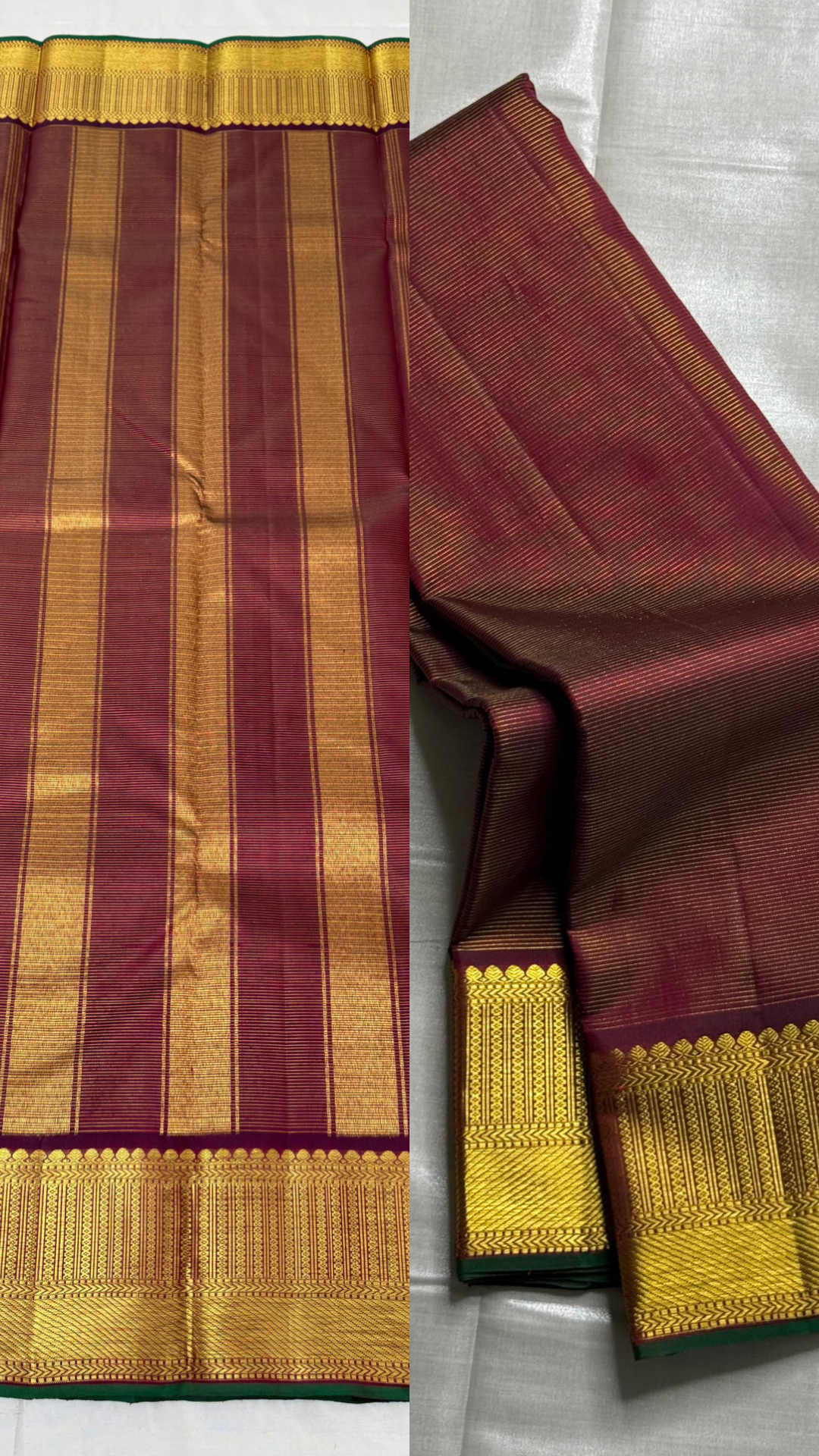 Ganika – Deep Coffee Brown Vairaoosi Kanchipuram Silk Saree with Candlestick Zari Border, Vanki Pet Chevrons & Dark Green Selvedge