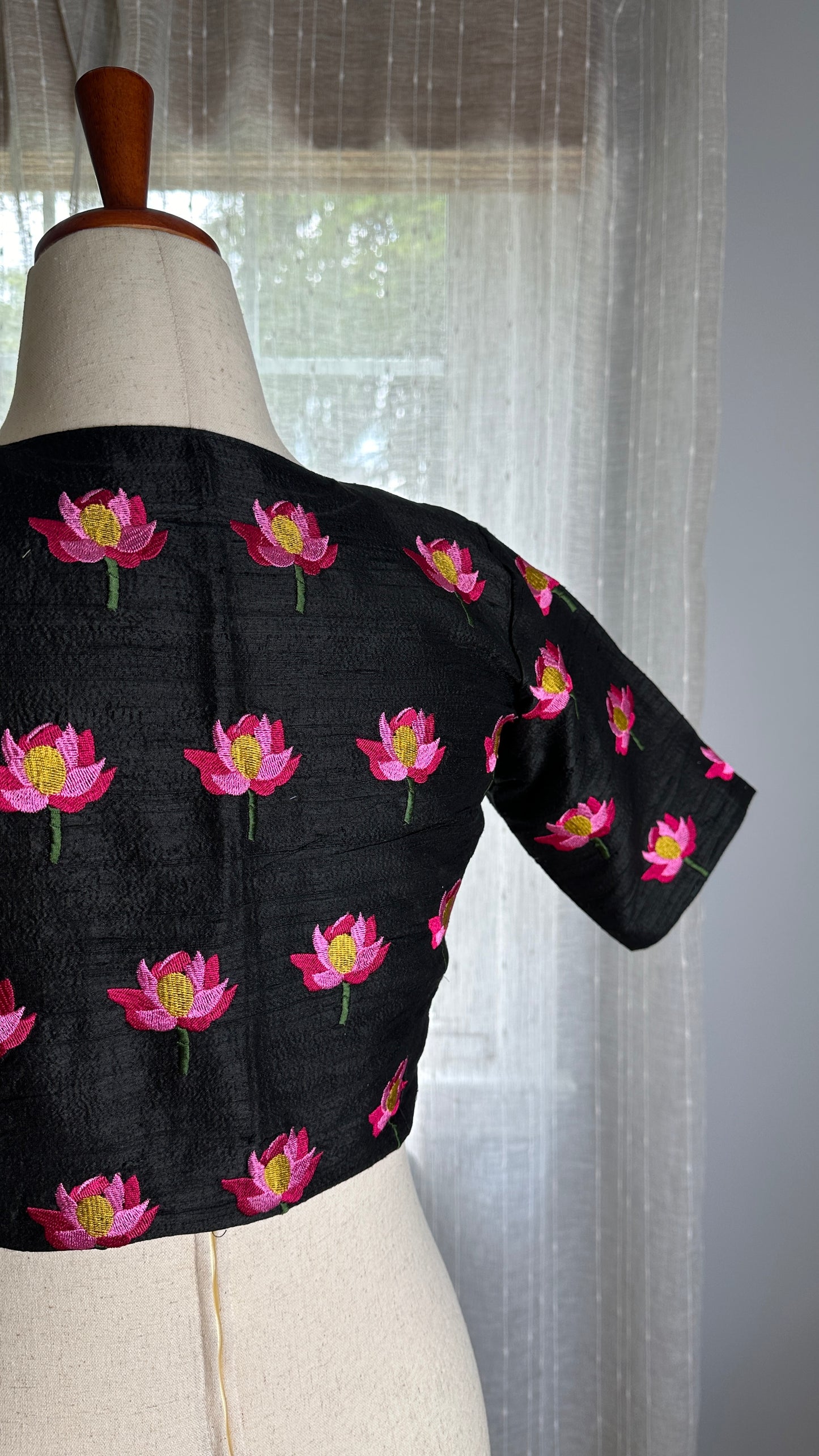 "Kamala" collection - pure raw silk blouse embroidered with lotus motifs in black
