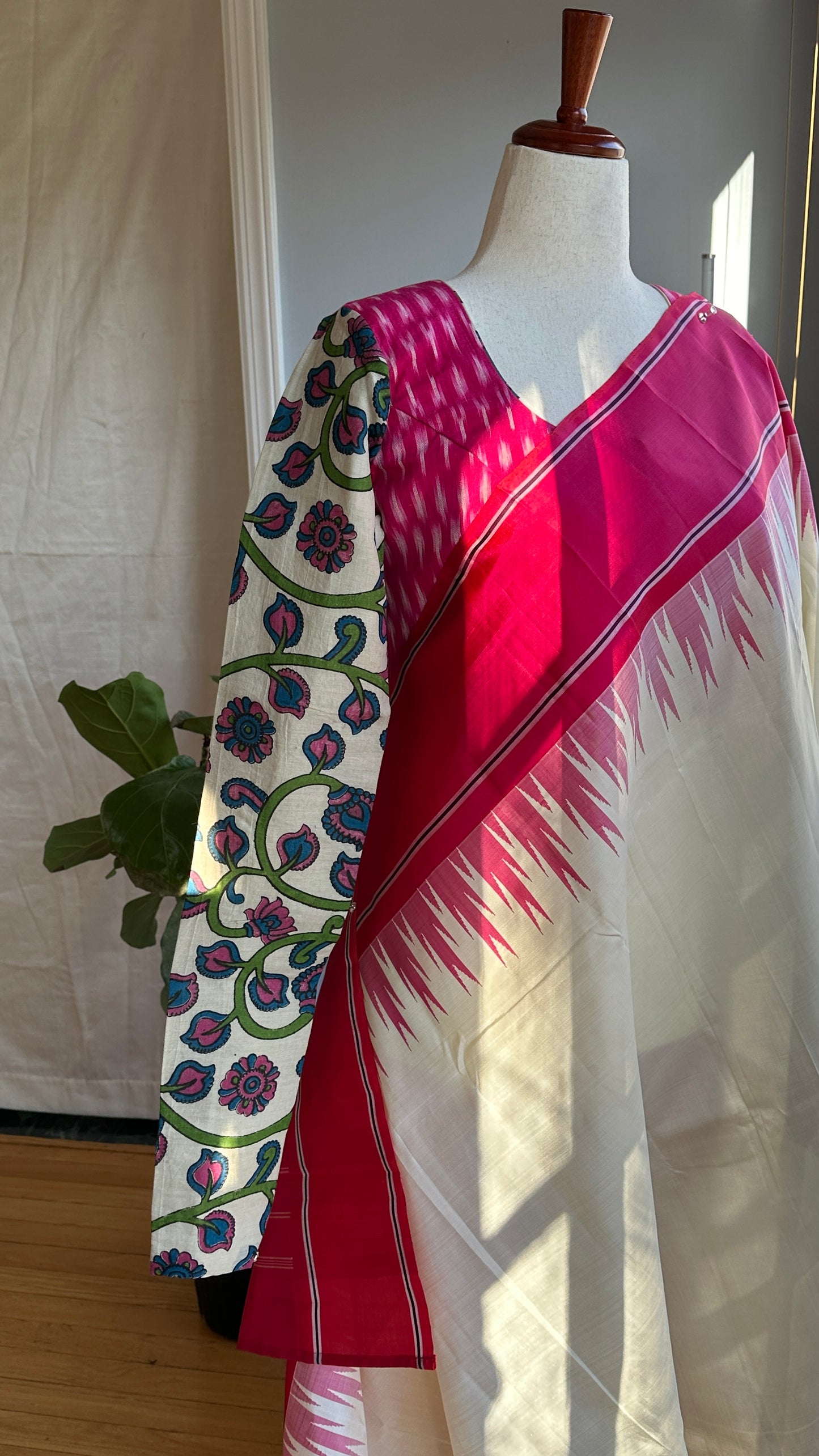 "Charu" collection - Ikat and kalamkari blouse in pink,green and white