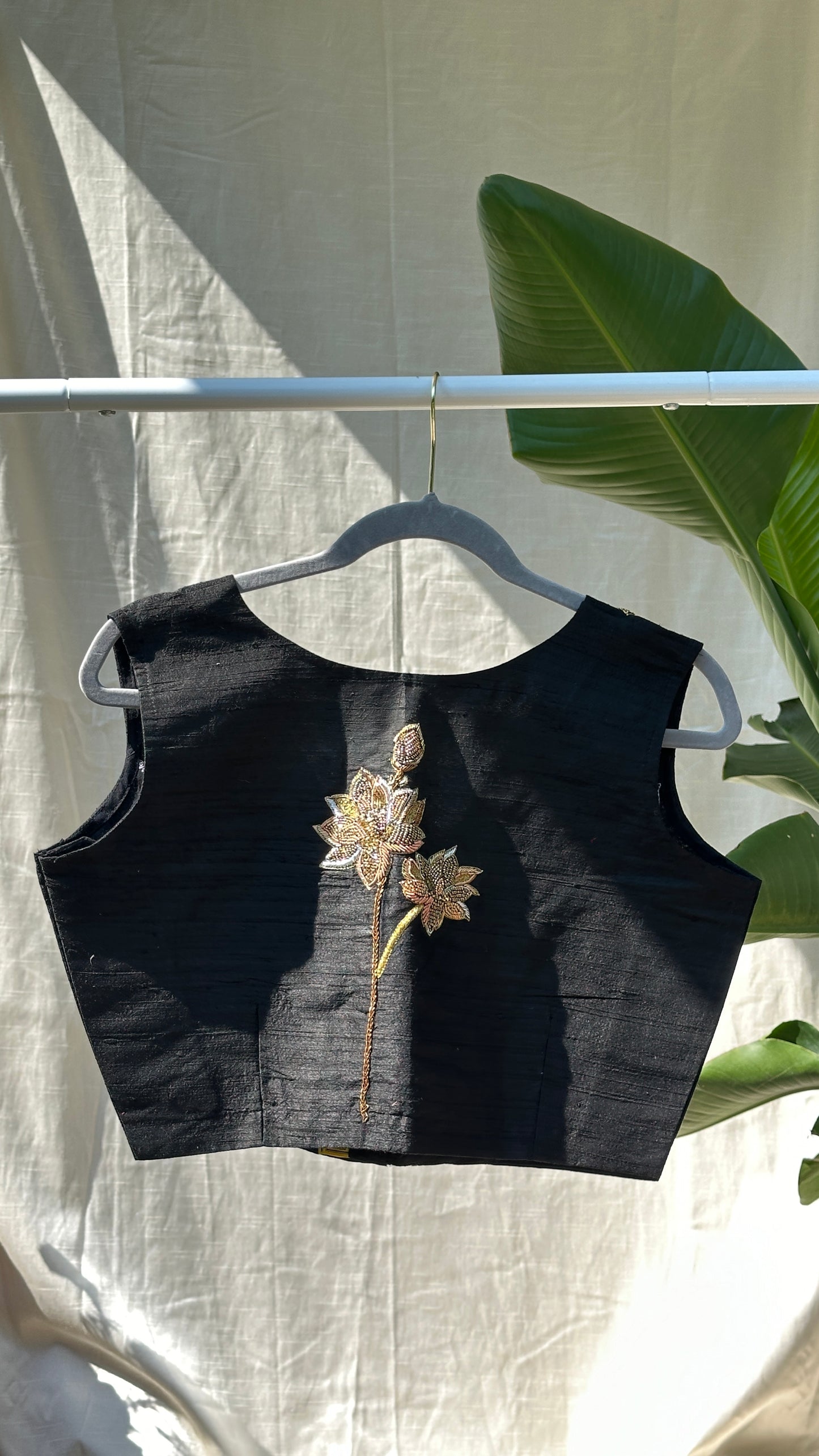 "zoya" collection - Pure raw silk ( 100gms) embroidered blouse in gold, silver and copper zardosi in black