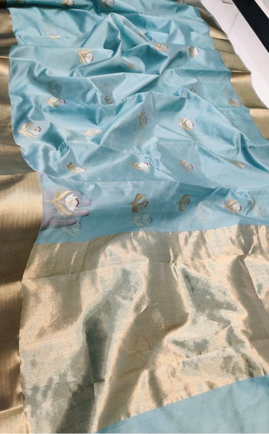 Pure silk Chanderi sky blue gold and silver sona roopa butti saree