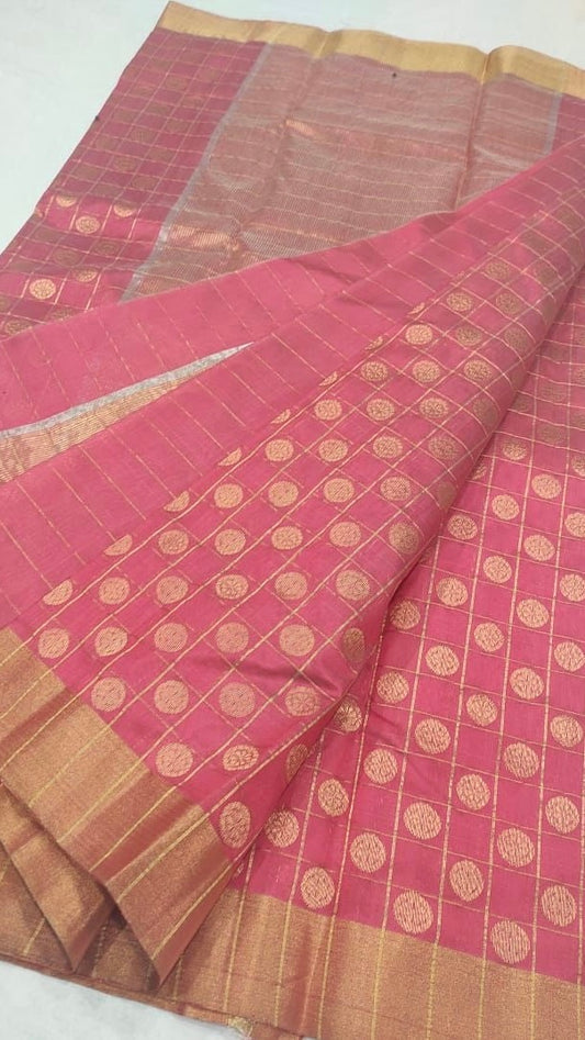 Pure silk Chanderi peach pink all over jaal saree