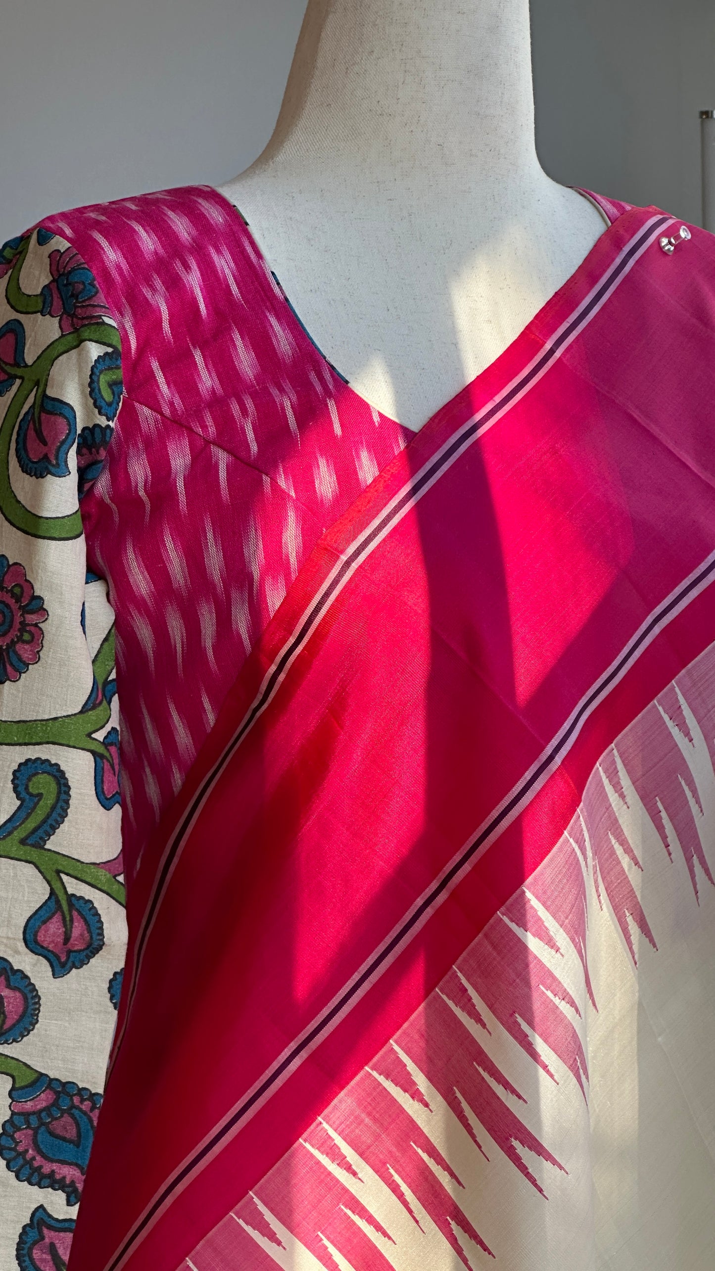 "Charu" collection - Ikat and kalamkari blouse in pink,green and white