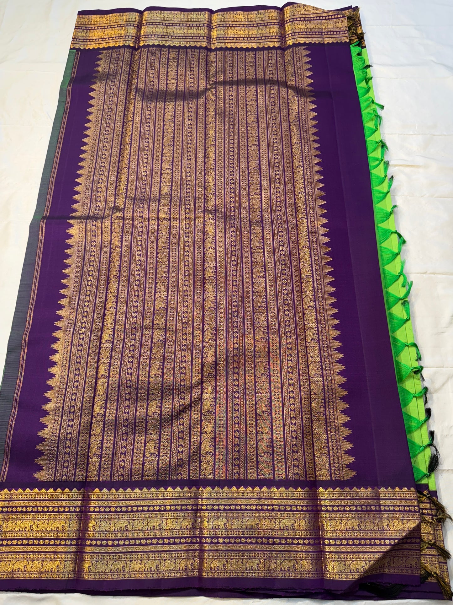 Arangetram — Parrot-Green Kanchipuram Pure Silk
Royal Purple Korvai Border 
Elephant Procession Panels & Coin Buttas
Rich Brocade Pallu • Blouse Included
Silk Mark Certified • Free USA Shipping • Ships in Two Weeks