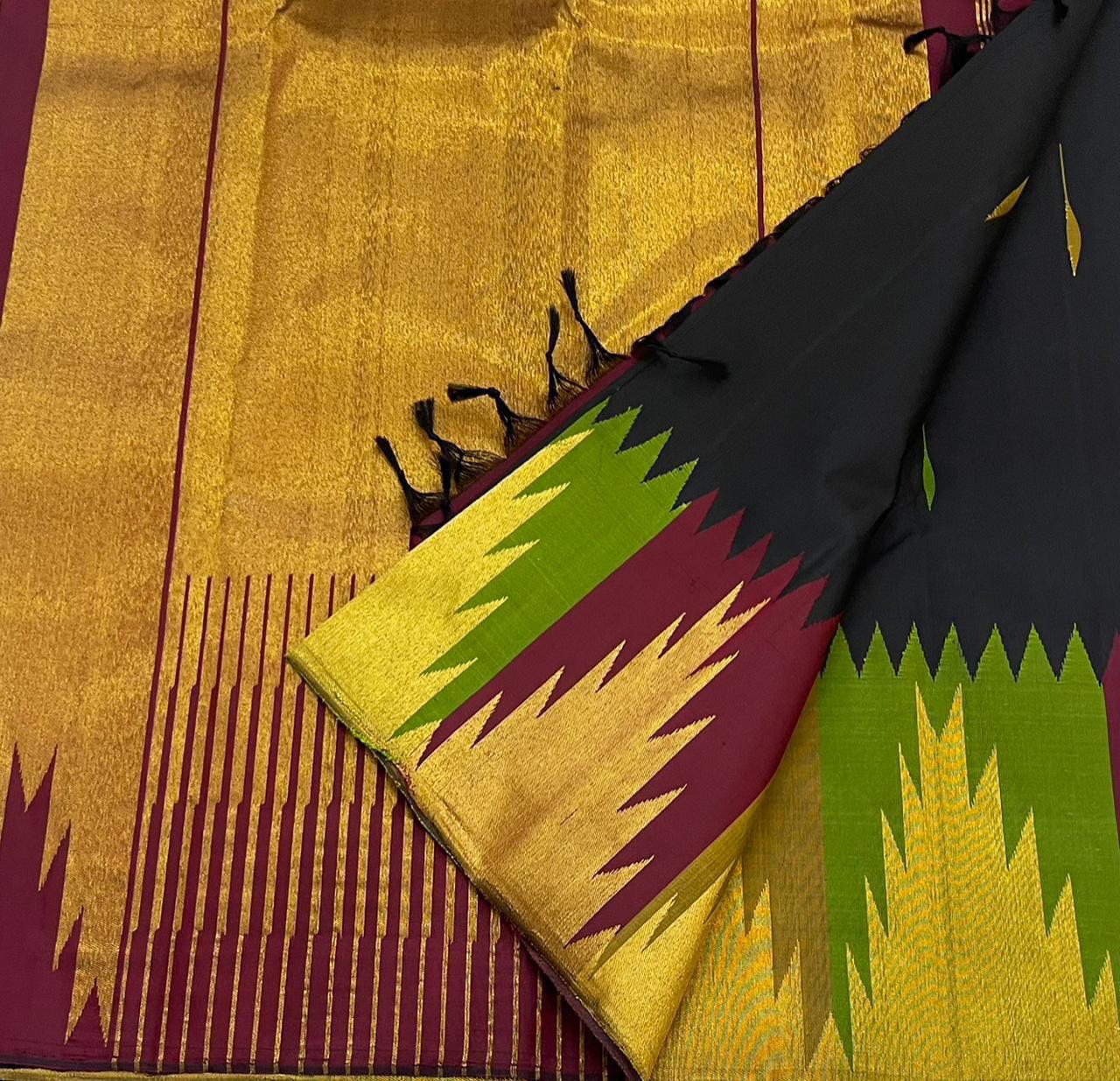 Ettukol Karuppu — Pure Silk Kanchipuram
Inky-black body with parrot-green & mustard buttas, korvai temple peaks in gold, wine & green ✨
Silk Mark Certified • Ships in Two Weeks • Free Shipping within USA
