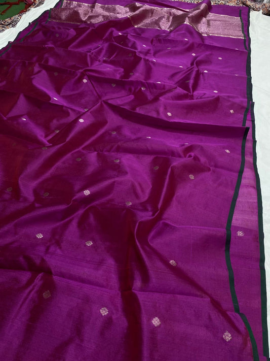 Pure silk Chanderi handloom in an resplendent purple with woven gold zari buttas and green selvedge