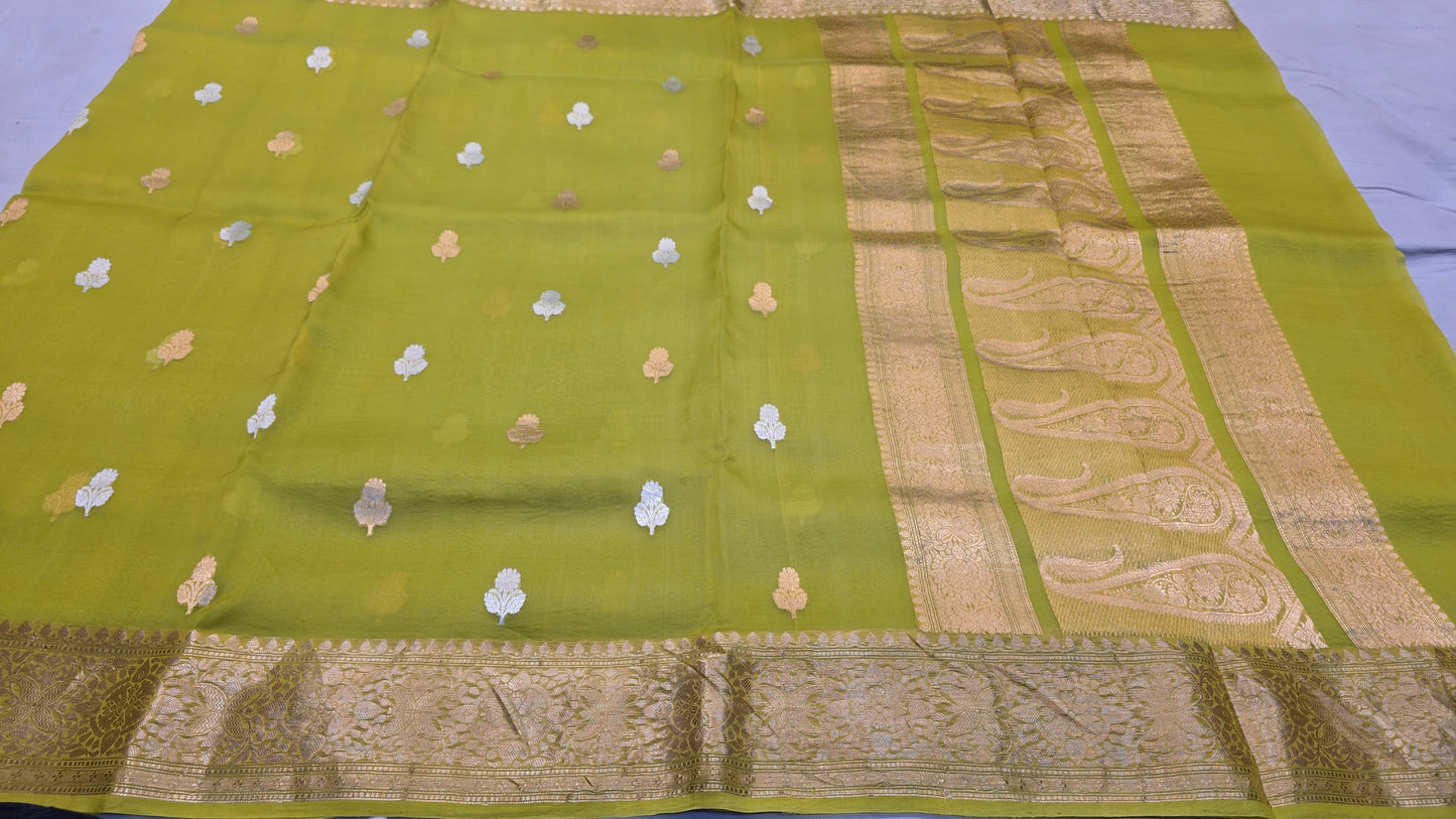 Pure Kora silk Banarasi saree - kadhwa - chartreuse , Lime Green