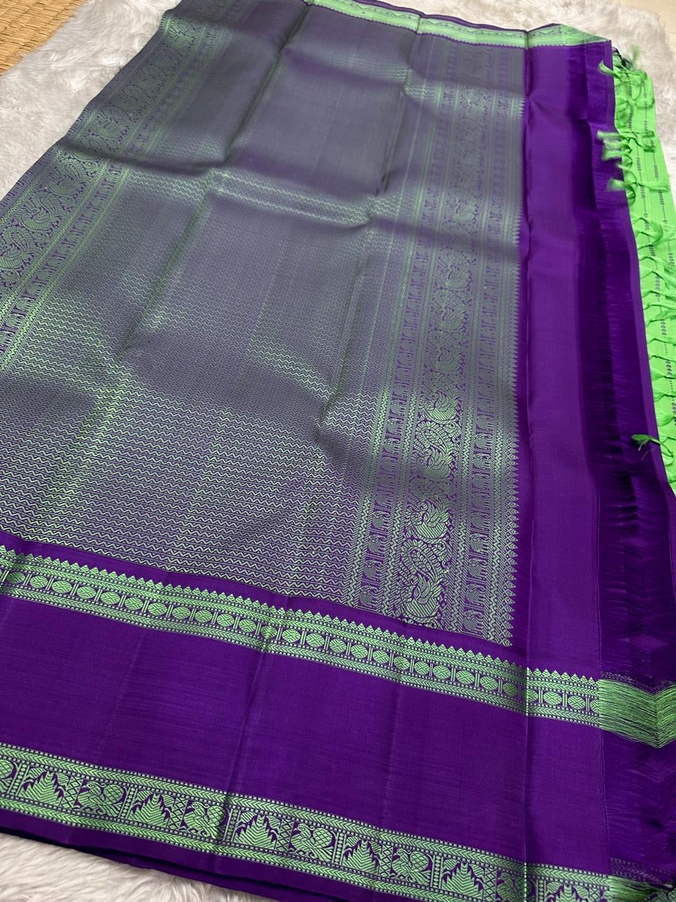 Varsha – Parrot Green & Purple Pure Silk Kanchipuram Saree with Rain-Inspired Thread Buttas - Zari less silk thread version