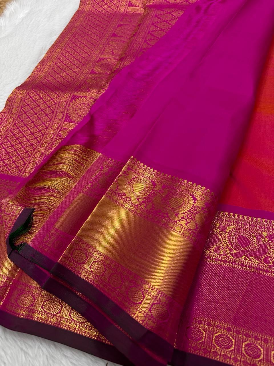 Sowmya – Fuchsia & Magenta Kanchipuram Pure Silk Saree with Sorgavasal Mayil Motifs, Baavanji Border & Maroon Selvedge