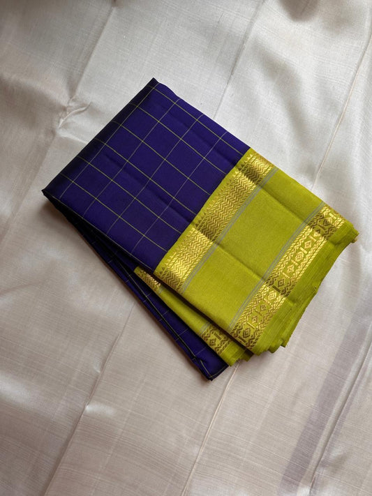 Neelam Parrot Pachai — Pure Kanchipuram Silk Saree
Royal blue body with gold kattam checks & parrot-green korvai border
Silk Mark Certified ✅ | Free USA Shipping | Ships in Two Weeks ✅