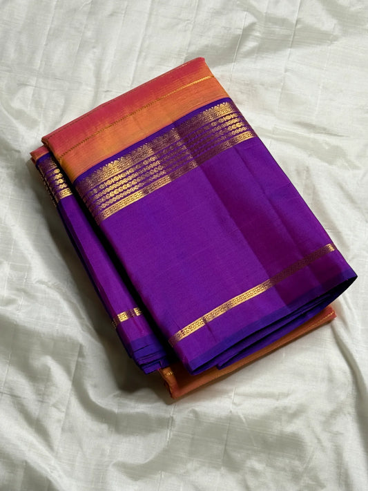 Sunset Veldhari — Pure Silk Kanchipuram Saree
Apricot-orange body with gold zari varisai lines and deep violet korvai borders ✨
Silk Mark Certified ✅ • Ships in 1 Week ✅ • Free Shipping within USA 🇺🇸