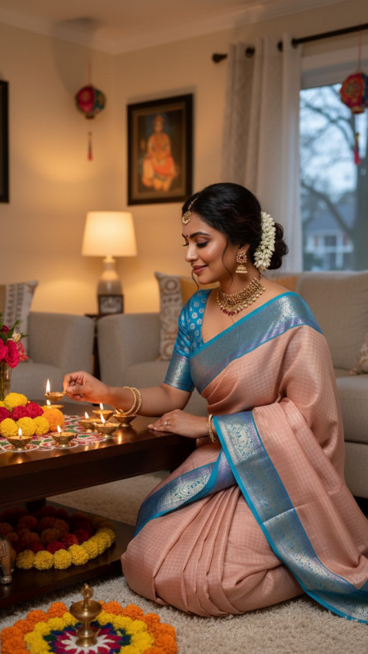 Powder Rose Neelam — Pure Silk Kanchipuram Saree
Powder-rose body with zari kattam checks ✨
Contrast ocean-blue korvai border & lilac-silver zari pallu 🌊
Handloom elegance for festive Diwali celebrations 🪔
Silk Mark Certified • ready to ship