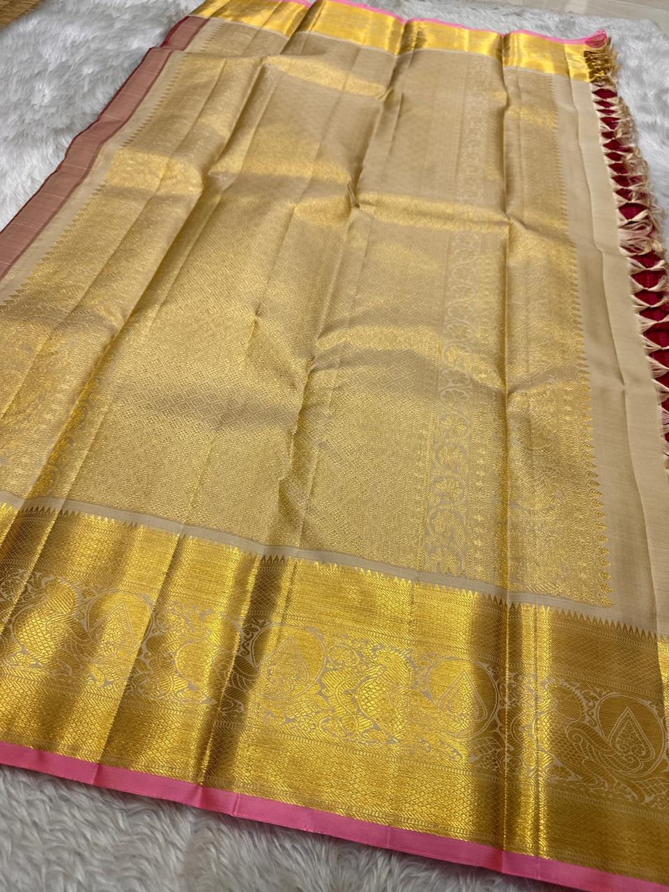Senthamarai – Deep Cherry Red Zari Kattam Pure Kanchipuram Silk Saree with Biscuit Beige Border, Pink Peacock Motifs & Zari Striped Blouse (Silk Mark Certified)