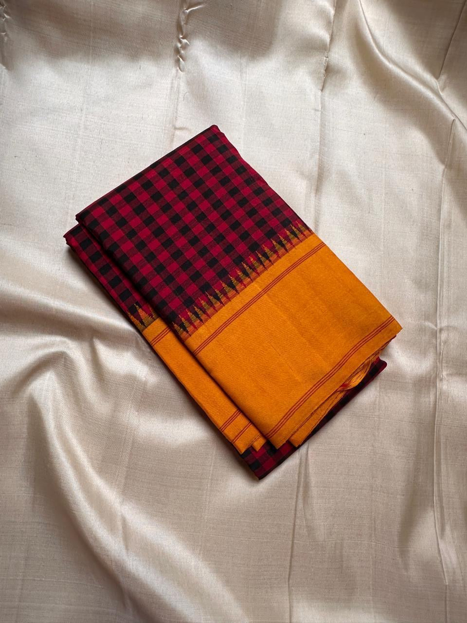 Paavai – Arakku Red & Brown Pattani Kattam Kanchipuram Pure Silk Saree with Mustard Border & Pillayar Moggu Motifs