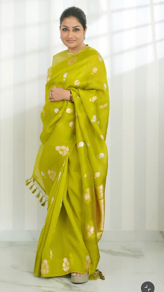 Pure Kora silk Banarasi saree - kadhwa - chartreuse , Lime Green