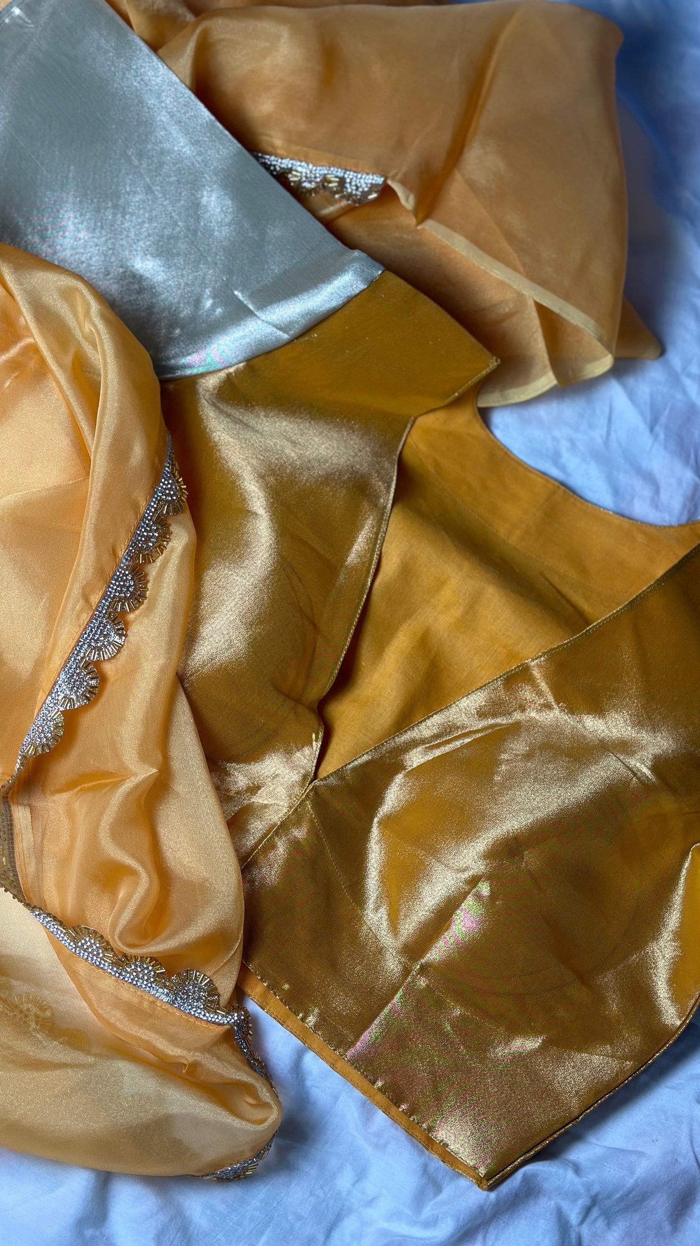 "Rita" collection - Pure tissue silk banarasi blouse with pure tissue silk saree set in gold silver and yellow