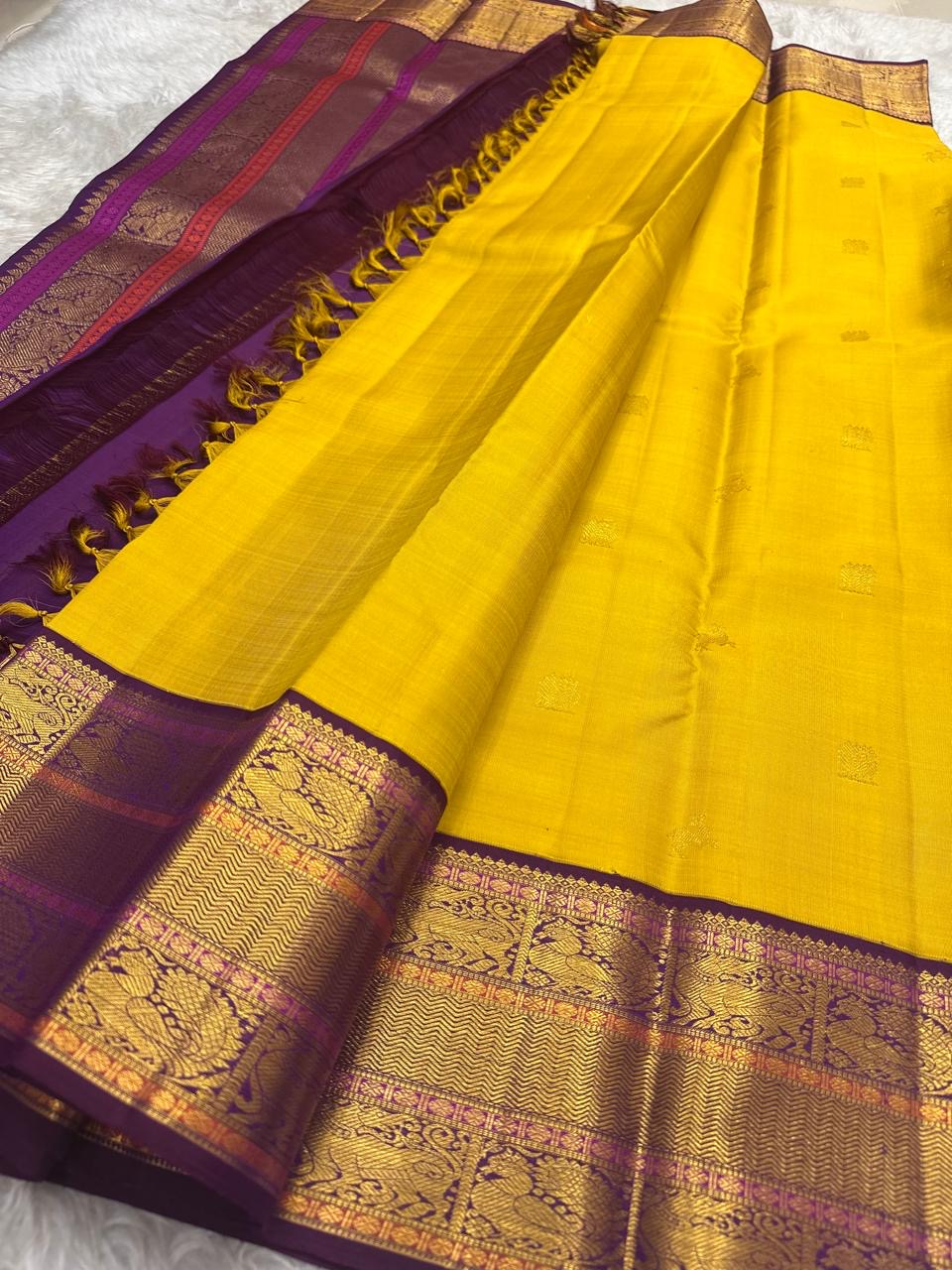 Golden Yellow and Purple Handwoven Pure Silk Kanjivaram Saree with Korvai Border and Kudhirai Butta
