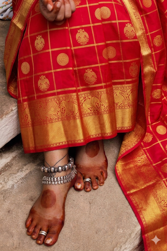 Pure Kanchipuram Silk Saree Hibiscus Red with Gold Zari Kattam Checks and Gandaberunda Butta