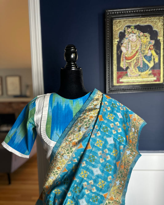 Blue,green and white Ikat pintuck blouse