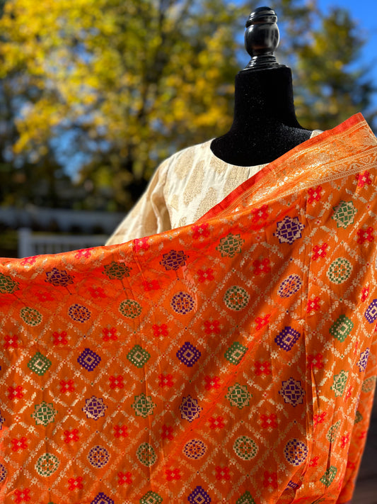 Orange Patola soft silk woven dupatta -2.5 meters