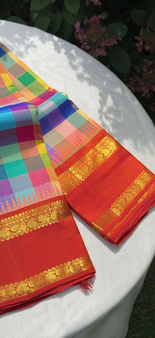 Multicolour Kanchipuram pure silk Kanchi Kattam saree with jewel-toned checks and red Rettapet border