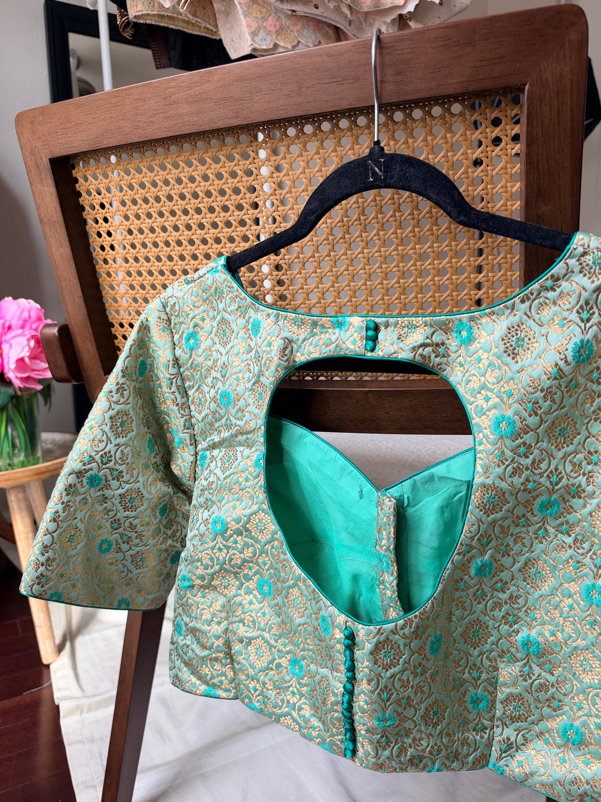 Pure silk Banarasi meenakari blouse in pastel green, detail view