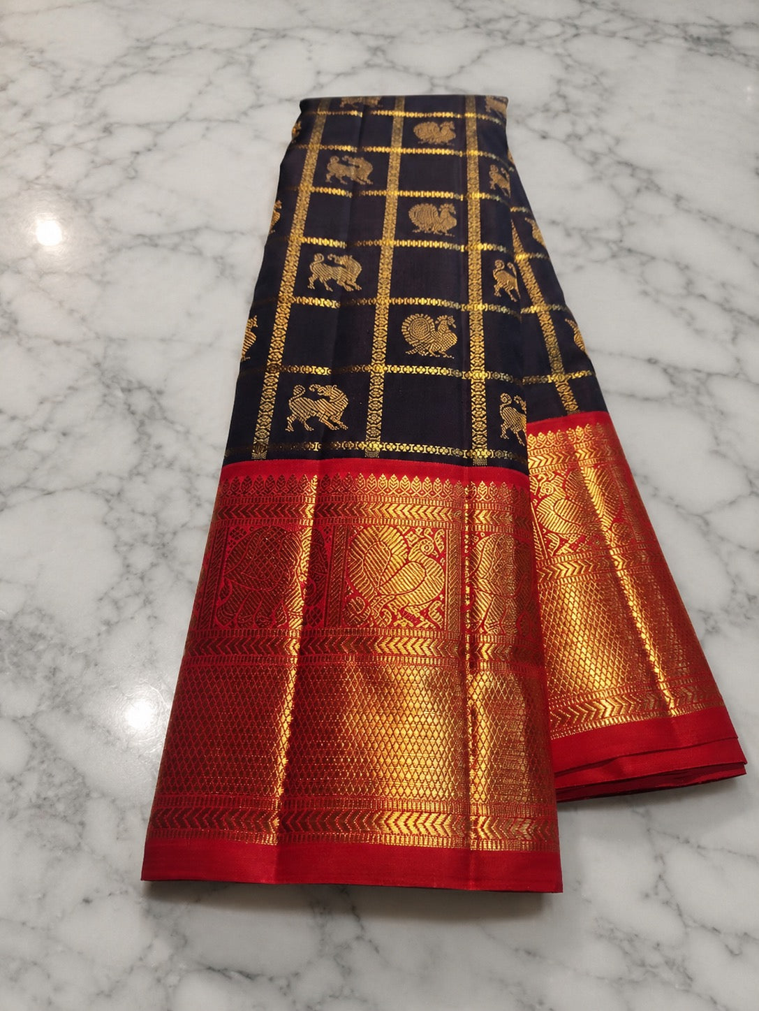 Handwoven pure silk Kanjivaram saree in Kanchana deep brown with Zari Kattam body, Vanasringaram Butta in 3 gram gold zari, and scarlet red Vanasringaram border — Idam Living
