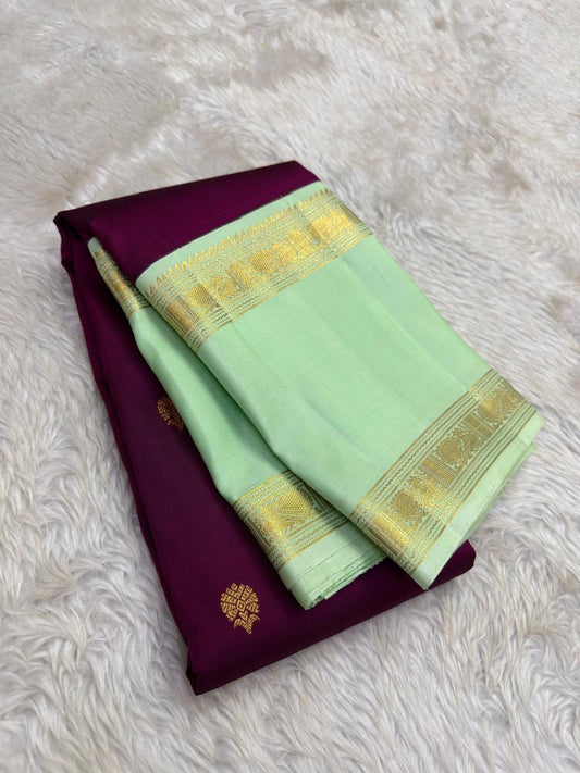 Magenta and Mint Green Handwoven Pure Silk Kanchipuram Saree with Rettapet Border and Mayil Chakram Butta