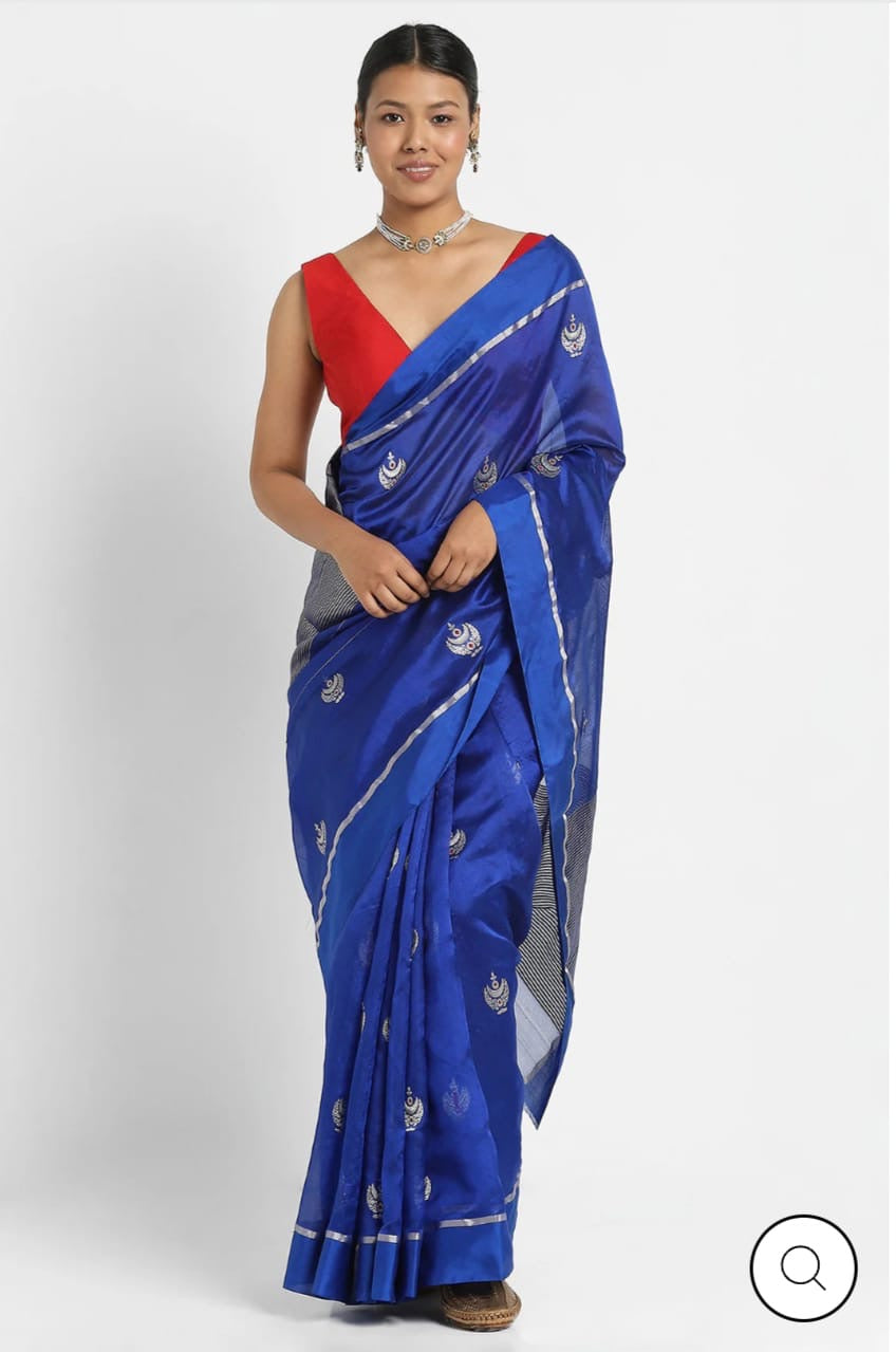 Royal Blue Pattu Silk Chanderi saree pallu showing the fine silver-toned striped weaving