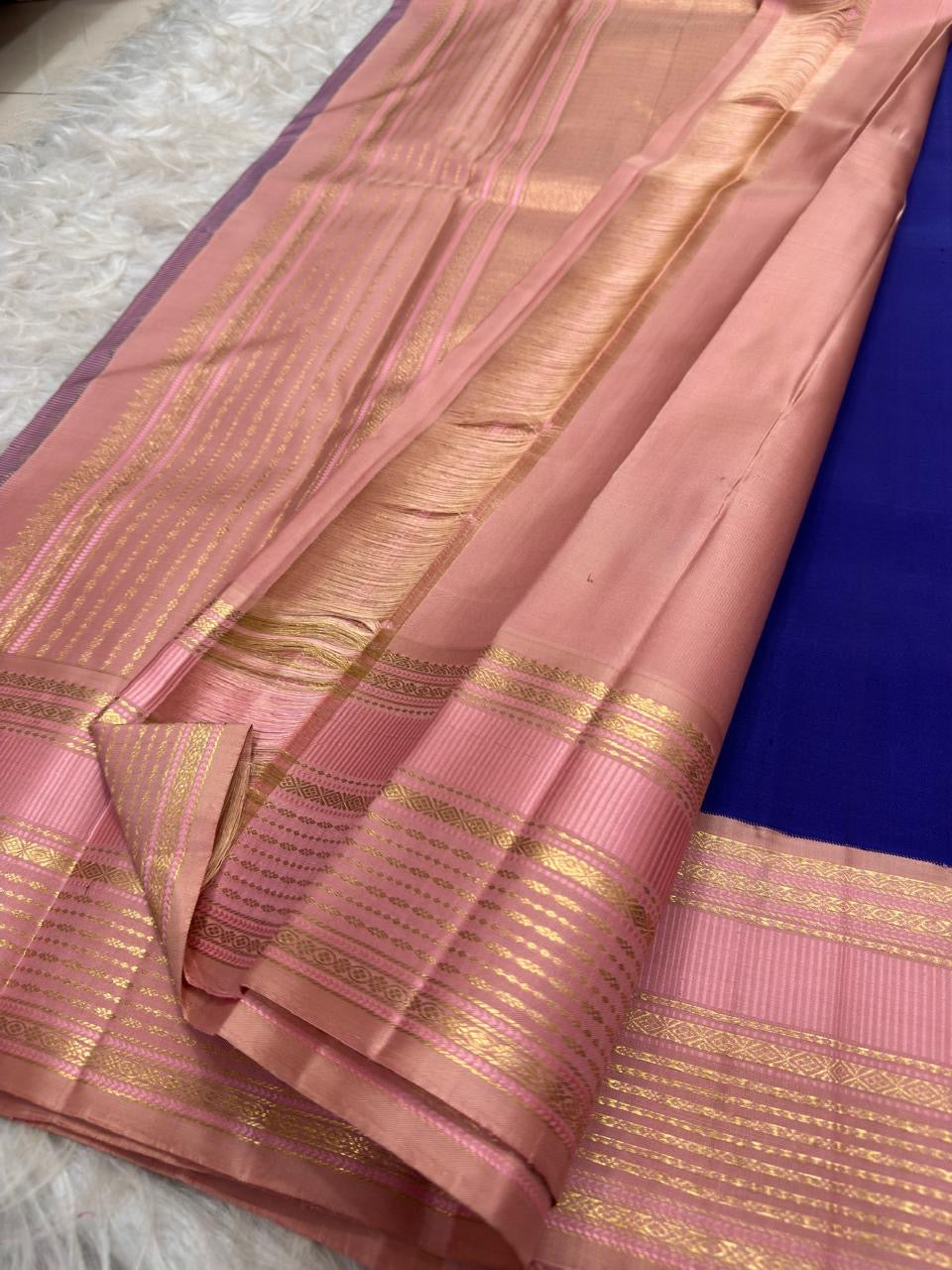 Blush pink Varisaipet border on royal blue Kanjipuram saree