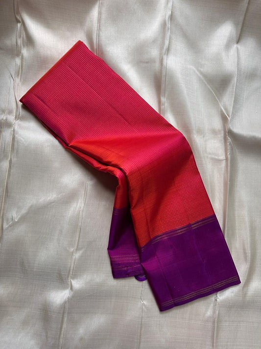 draped coral red pink checked silk body with purple zari border pure kanchipuram silk saree