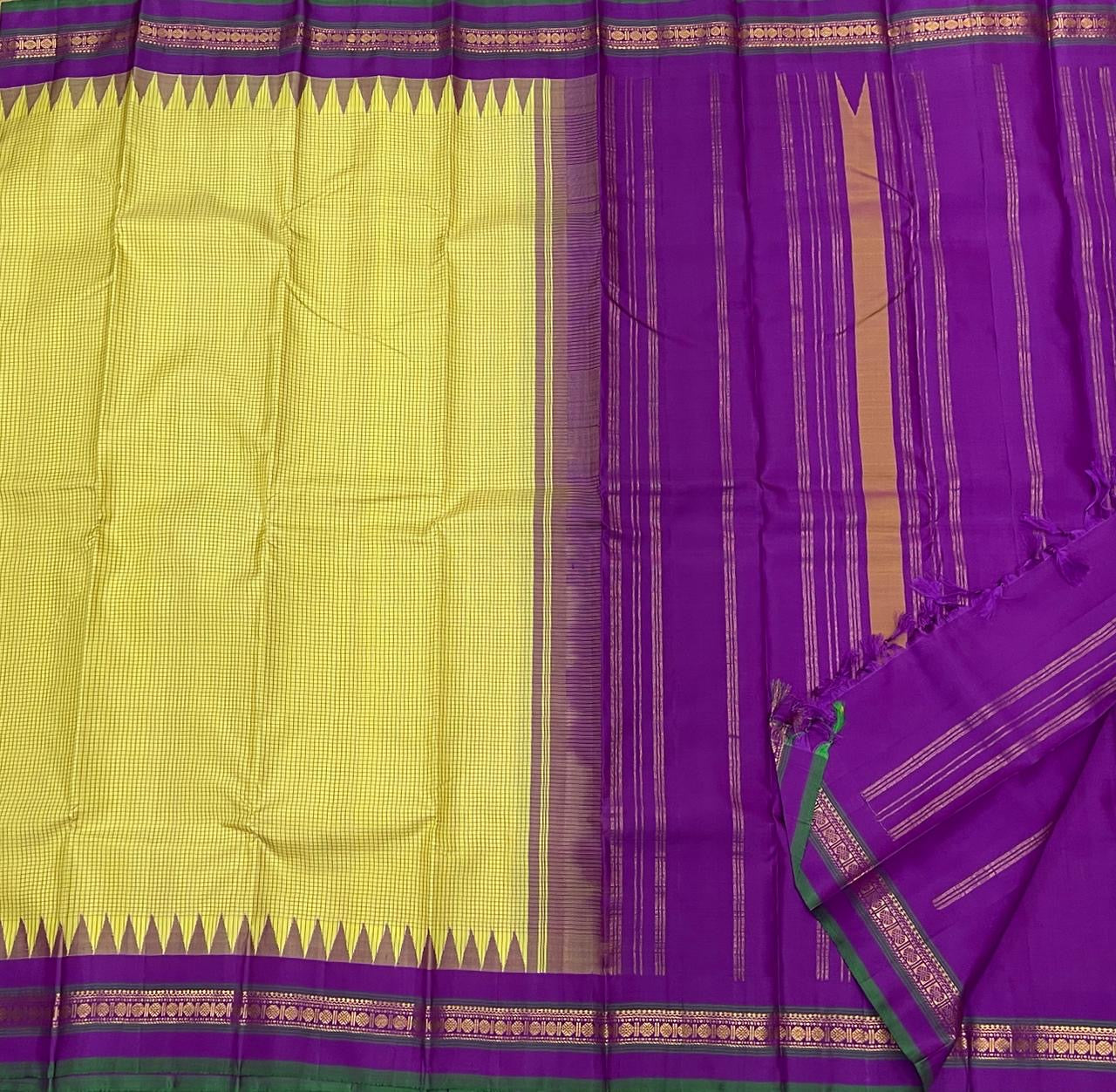 purple pallu with zari stripes and tassels beside chartreuse checked kanchipuram silk saree shipped from New Jersey USA
