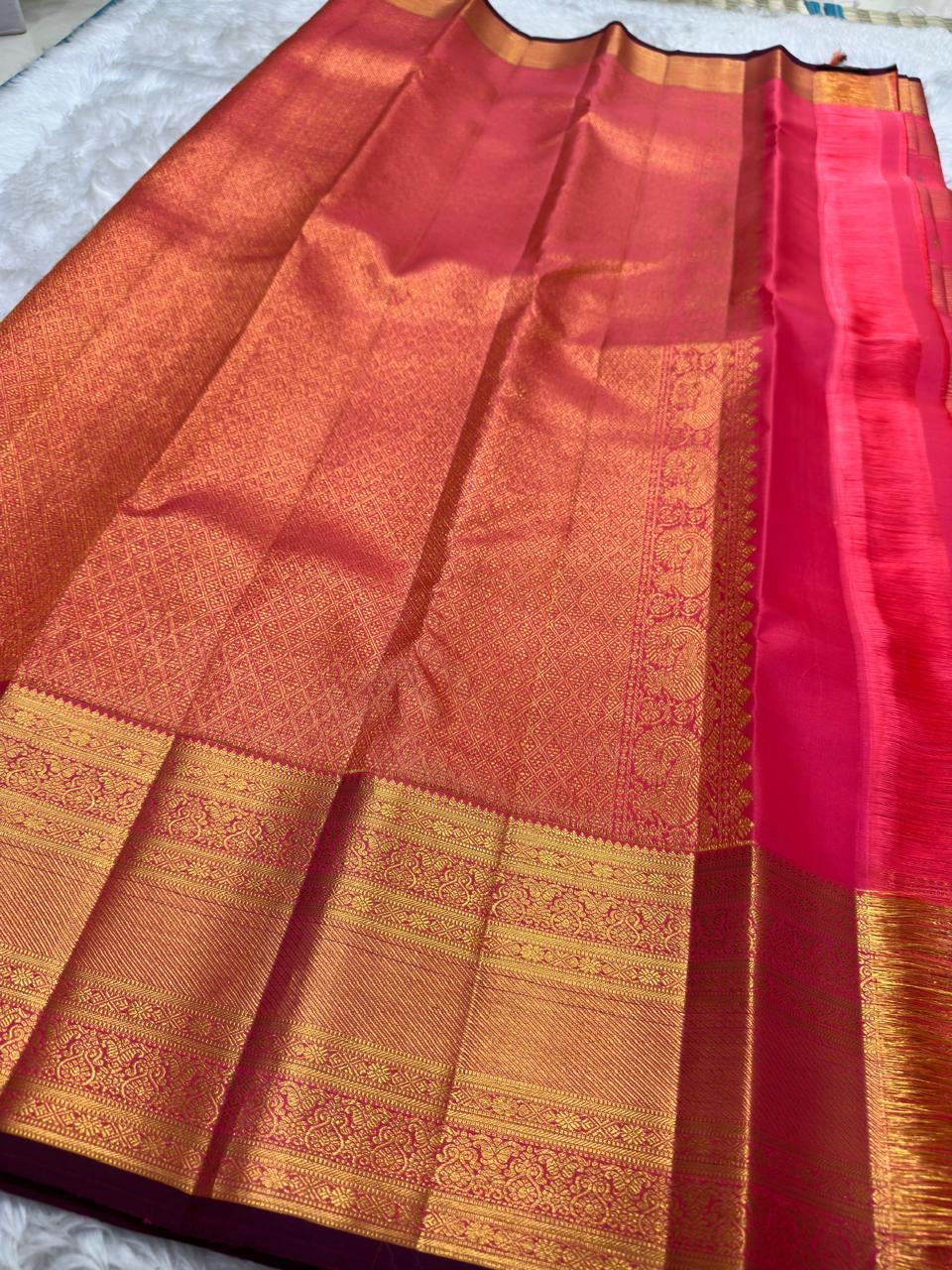 Raspberry Coral Handwoven Pure Silk Kancheepuram Saree with Zari Kattam Checks and Antique Gold Border