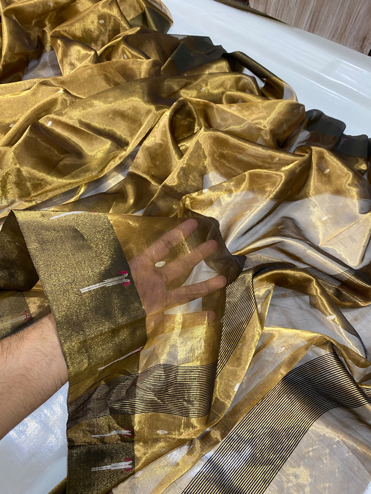 Antique Gold Chanderi saree, deep olive border detail, available online in the USA