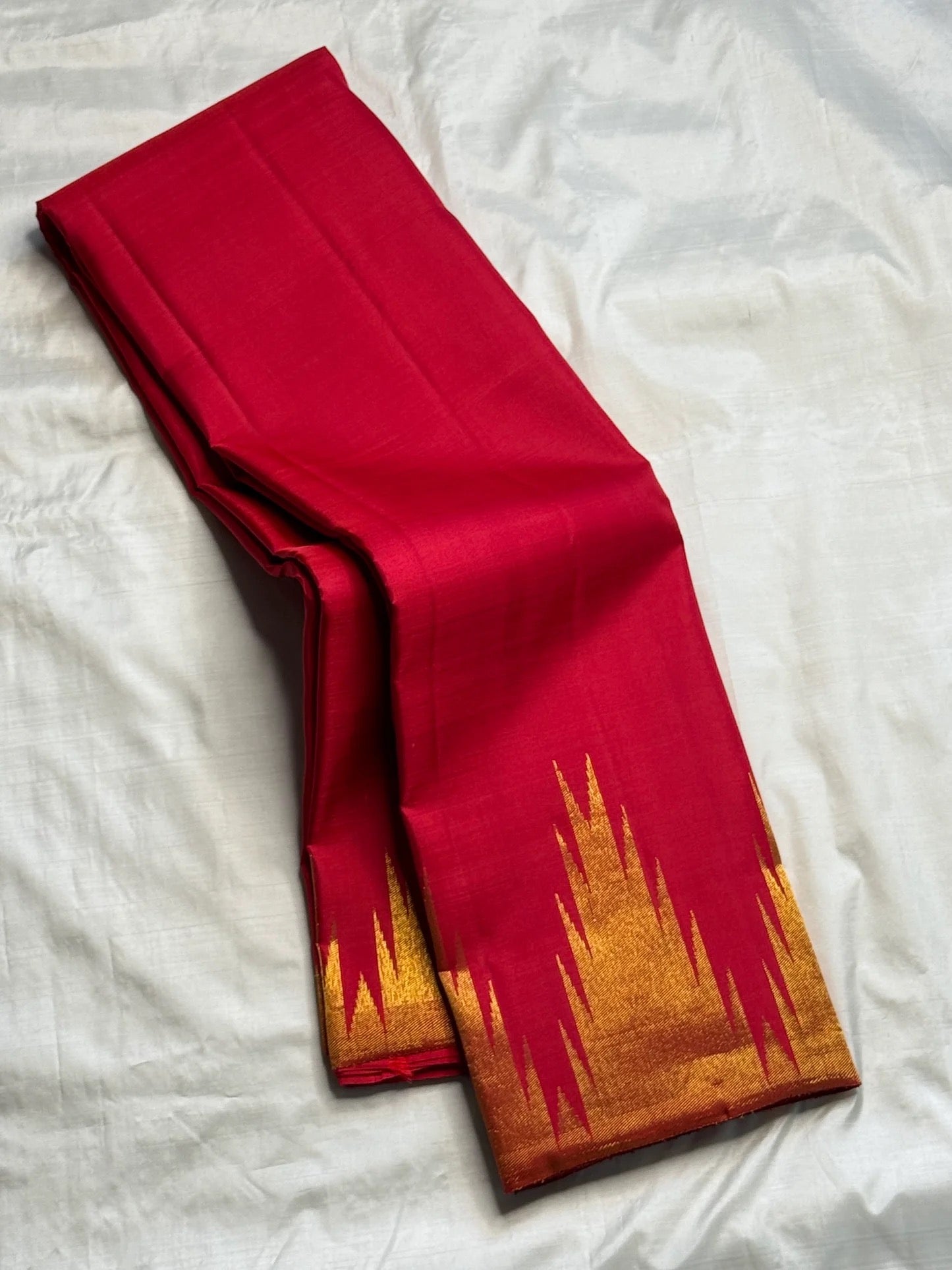 Crimson red pure silk Kanchipuram saree ettukol pallu with gold zari flames — Idam Living
