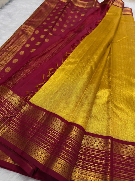 Handwoven antique gold Korvai Kanjipuram silk saree, full view