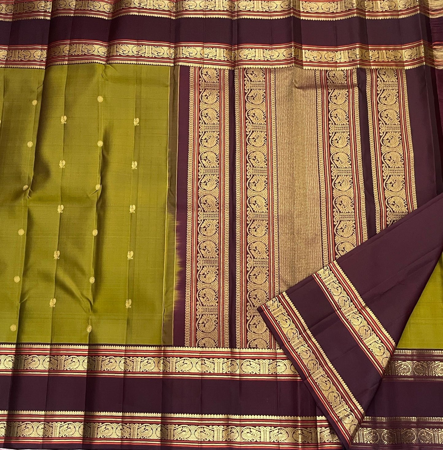 Antique Olive Green and Deep Espresso Brown Handwoven Pure Silk Kanjivaram Rettapet Saree with Vintage Gold Zari Buttas