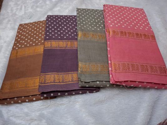 wax resist cotton saree with handcrafted pattern and tonal rettapet edge