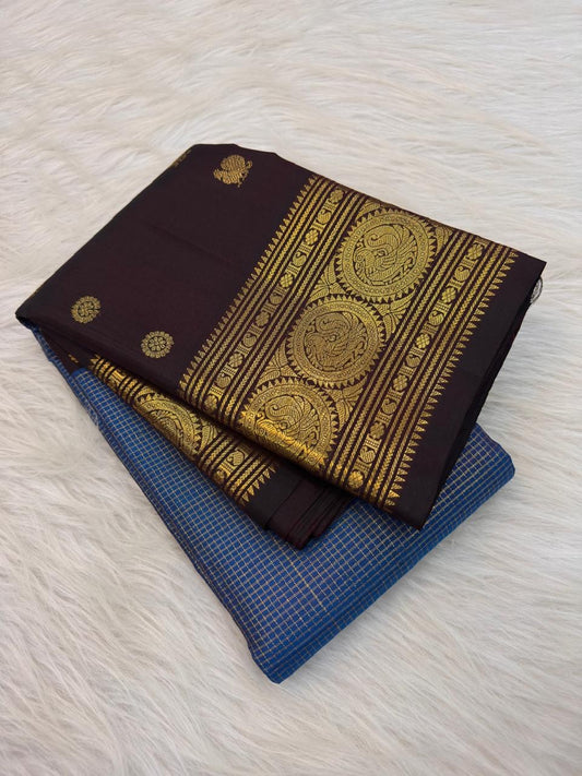 Azure Blue and Deep Kanchana Brown colour contrast on Kanchipuram silk saree.