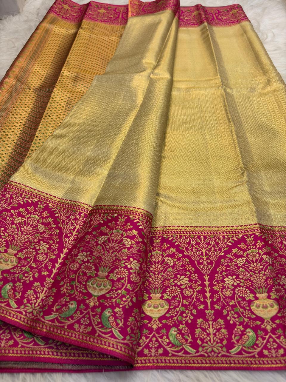 Banarasi inspired brocade kanchipuram rani pink – Idam Living Pure Silk Kanchipuram saree