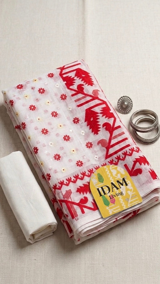 off white jamdani saree with red woven motifs and bengal handloom pattern