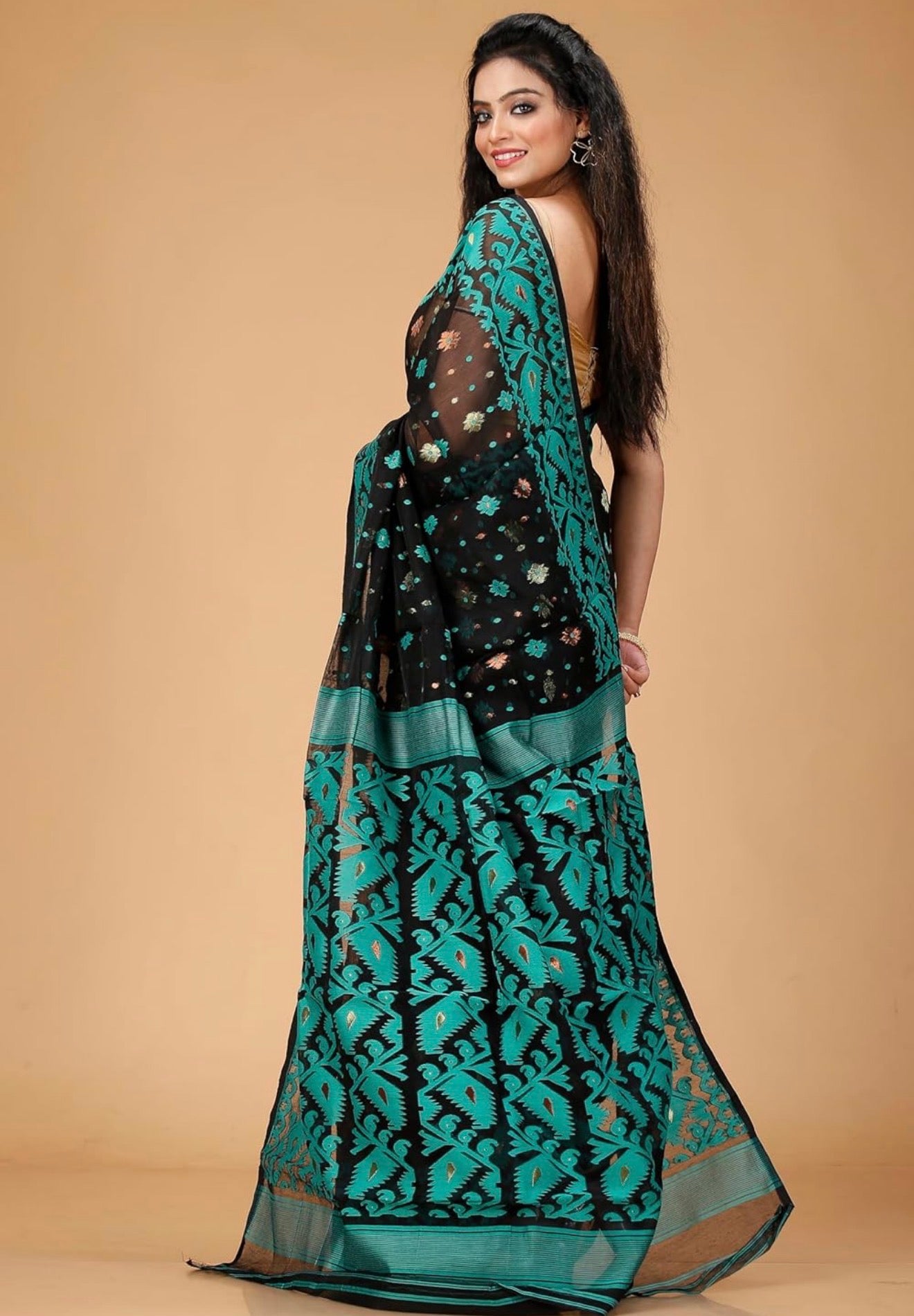 Black Jamdani Cotton Silk Saree With Teal Border And Multicolour Buttas