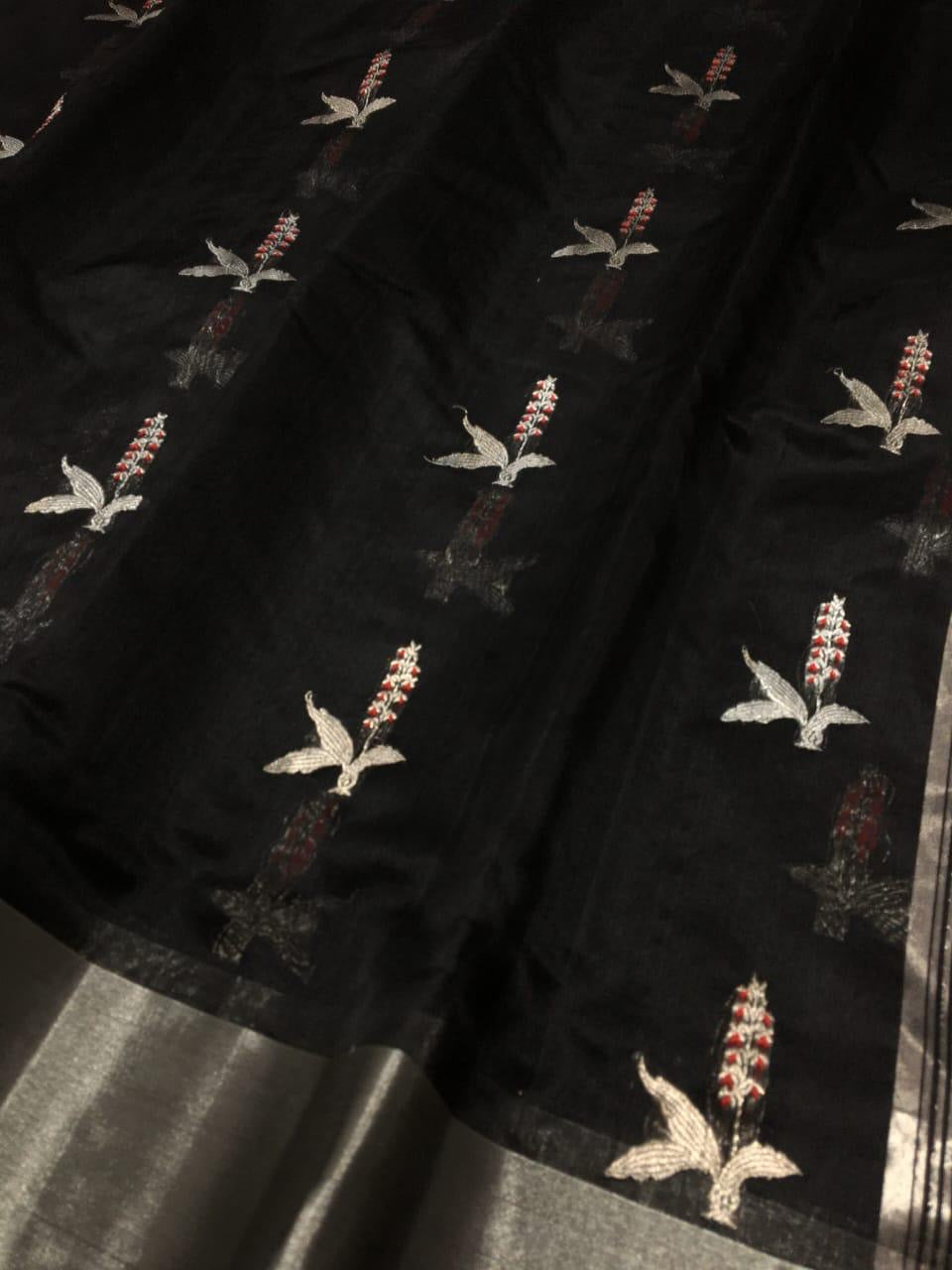 Black Handwoven Pattu Silk Chanderi Saree with Silver Zari Border and Reed Motif Pallu