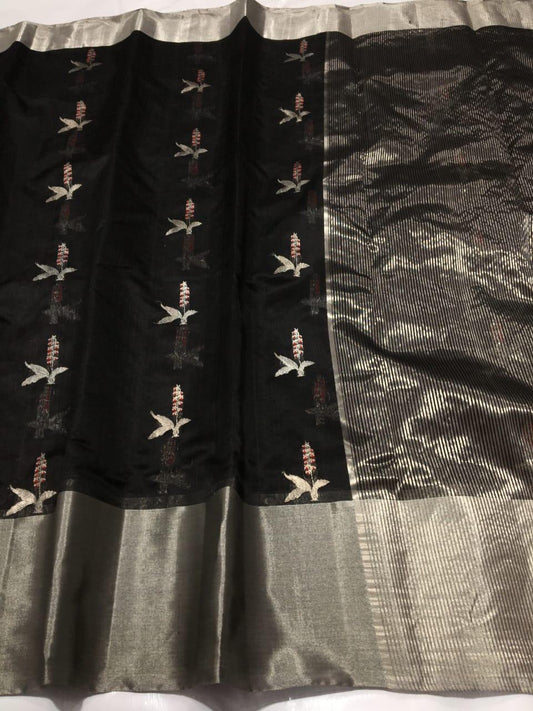 Black Handwoven Pattu Silk Chanderi Saree with Silver Zari Border and Reed Motif Pallu