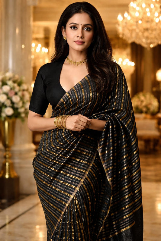 Solid gold zari border detail on black Pattu Silk Chanderi saree