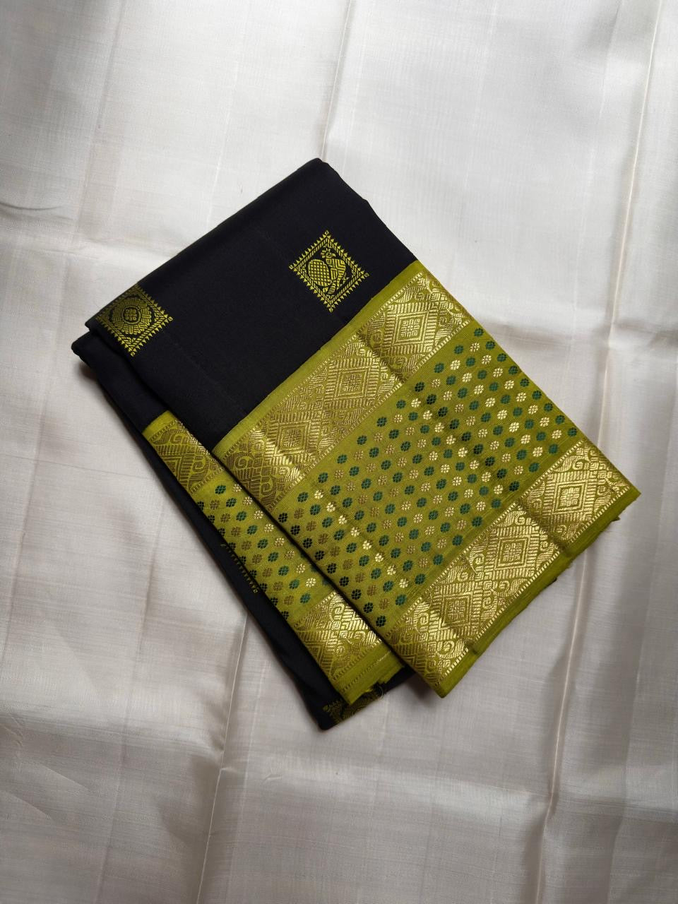 Black Handwoven Pure Silk Kanchi Pattu Saree with Olive Gold Rettapet Border
