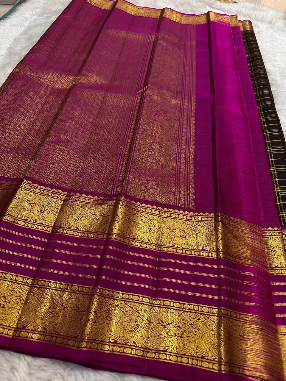 Blackberry Plum Handwoven Pure Silk Kanjivaram Zari Kattam Saree with Magenta Elephant Border – front full drape view