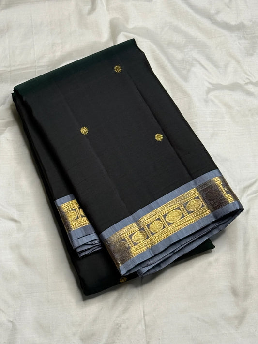 Charcoal black handwoven pure silk Kanjipuram saree with grey pavun Korvai border — Idam Living